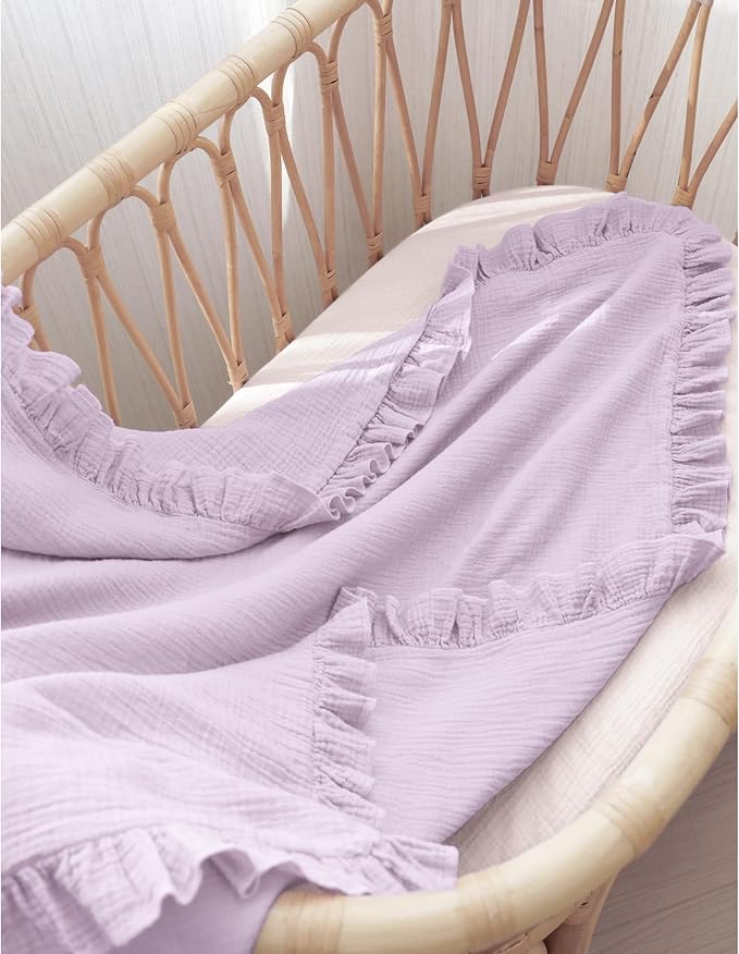 Konssy Flounce Muslin Baby Blankets, Cotton Crib Blanket for Baby Infant Toddler, Super Soft and Lightweight Nursery Blankets 40"x36" (Purple)