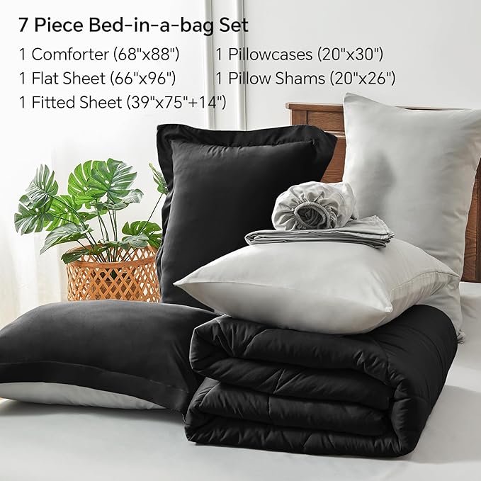 BEDELITE Twin Comforter Set 5 Pieces Bed in A Bag - Soft Microfiber Reversible Black Bed Set with Comforters, Sheets, Pillowcase & Sham, Cozy Luxury Bedding Sets for All Season