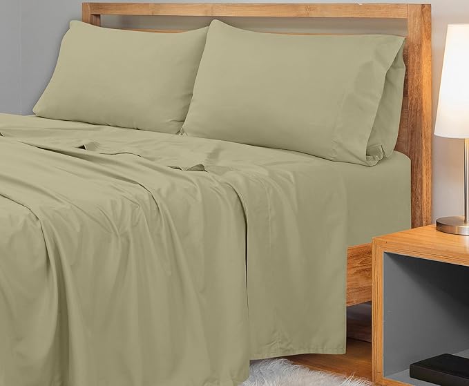 Royale Linens 300 Thread Count 100% Long Staple Combed Cotton Flat Sheet - Super Soft - Top Sheets - Twin Flat Sheet Sold Separately - Breathable, Cool & Crisp Percale Sheets Only (Twin, Sage Green)