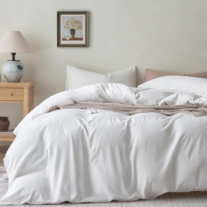 JELLYMONI White Duvet Cover Oversized King Size - 100% Washed Cotton Lightweight Cooling Comforter Cover, 3 Pieces Soft Bedding Set with Zipper Closure (Off White, 120"x98")