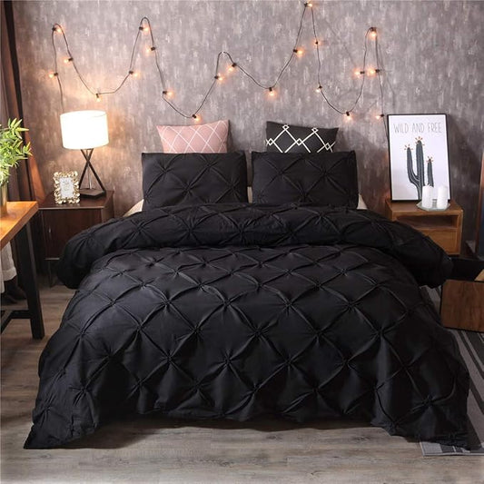 Feelyou Pinch Pleated Duvet Cover with Zipper Closure Pintuck Comforter Cover Set Twin Size Luxurious Pintuck Tufted Bedding Set Solid Black Microfiber Bedspread Cover with 1 Pillow Shams Soft