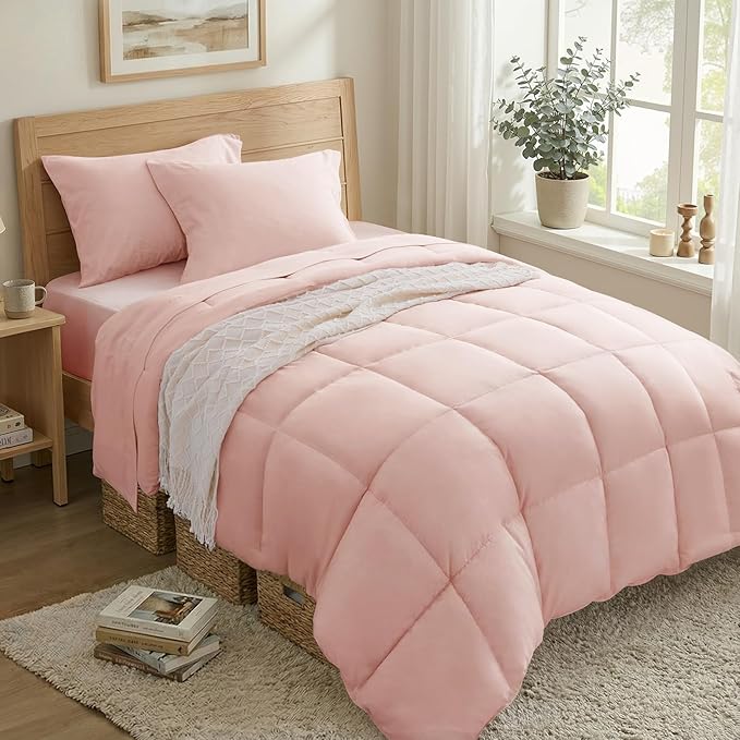 Anluoer Twin Size Bed in a Bag 5 Pieces, Pink Bed Comforter Set with Sheets, All Season Bedding Sets with 1 Comforter, 1 Pillow Sham, 1 Pillowcase, 1 Flat Sheet, 1 Fitted Sheet