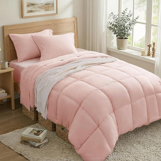 Anluoer Twin Size Bed in a Bag 5 Pieces, Pink Bed Comforter Set with Sheets, All Season Bedding Sets with 1 Comforter, 1 Pillow Sham, 1 Pillowcase, 1 Flat Sheet, 1 Fitted Sheet