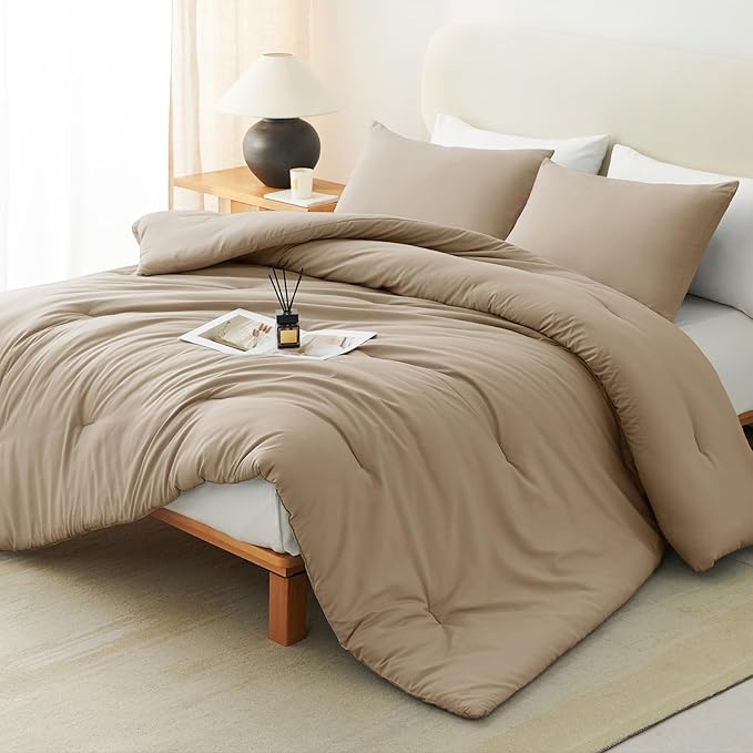 CozyLux Queen Comforter Set Taupe, 3 Pieces Solid Breathable Quilted Style Bedding Sets for All Season, Luxury Soft Microfiber Down Alternative Comforter Bet Set (1 Comforter & 2 Pillowcases)