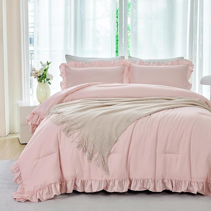 ANGIYUIN 5 Pieces Blush Pink Queen Size Comforter Set Ruffle Bedding Sets Soft Farmhouse Bed in A Bag with Sheets Solid Solor Fluffy Bed Sets with Pillowcases(Blush Pink Queen)