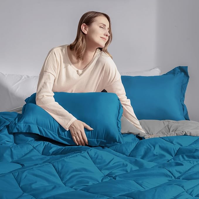 Basic Beyond King Size Comforter Set - Blue Comforter Set King, Reversible King Bed Comforter Set for All Seasons, Algiers Blue/Charcoal