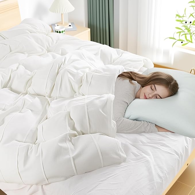 NEXHOME PRO 100% Organic Cotton Duvet Cover King Size, Linen Like Pleated Textured White Duvet Cover Set, 3pc Bedding Set with Zipper Closure, Soft, Lightweight and Breathable,104"x90", No Comforter