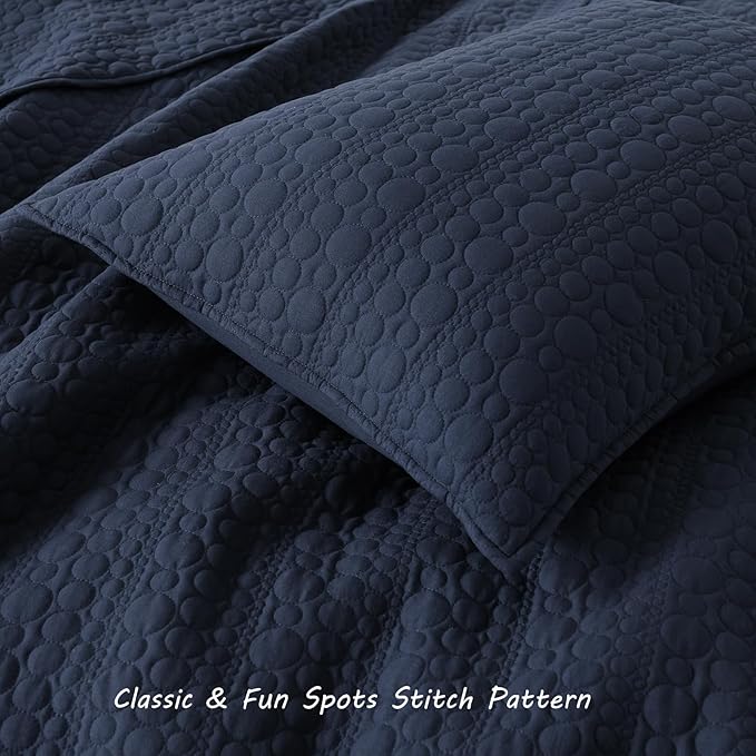 HORIMOTE HOME Navy Quilt Set Queen Size, Lightweight Soft Pre-Washed Microfiber Circle Pattern Bedspread Coverlet, 3 Pieces Quilt Bedding Set with Pillow Shams for All Season, 90x96 inches