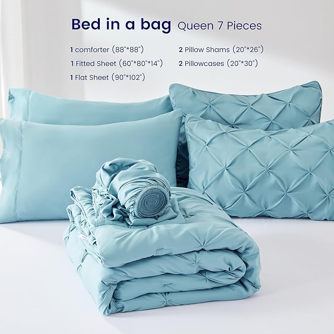 Fluffy Comforter Queen Set, 7 Pieces Pinch Pleat Design Bedding Set, Down Alternative Comforter with 2 Pillow Shams, 2 Pillowcases, 1 Flat Sheet, 1 Fitted Sheet (Stone Blue Pinch Pleat, Queen)
