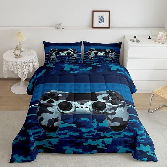 Feelyou Gamer Comforter Set Camouflage Gaming Video Game Bedding Set for Kids Boys Children Blue Camo Gamer Console Comforter Soft Gamepad Decor Quilt Set Full Size
