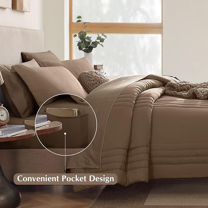 Monbix King Size Comforter Set - 7 Pieces Bed in a Bag King, Raw Umber Bedding Sets with Comforter, All Seasons Comforter Bed Set with Sheets, Pillowcases & Shams