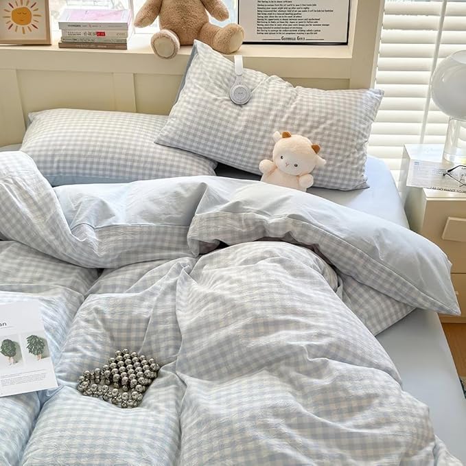 Nayoroom Gingham Duvet Cover King Size Reversible Blue Plaid Checkered Duvet Cover 3 Pieces Soft Breathable Washed Microfiber Girls Dorm Bedding Set for All Seasons