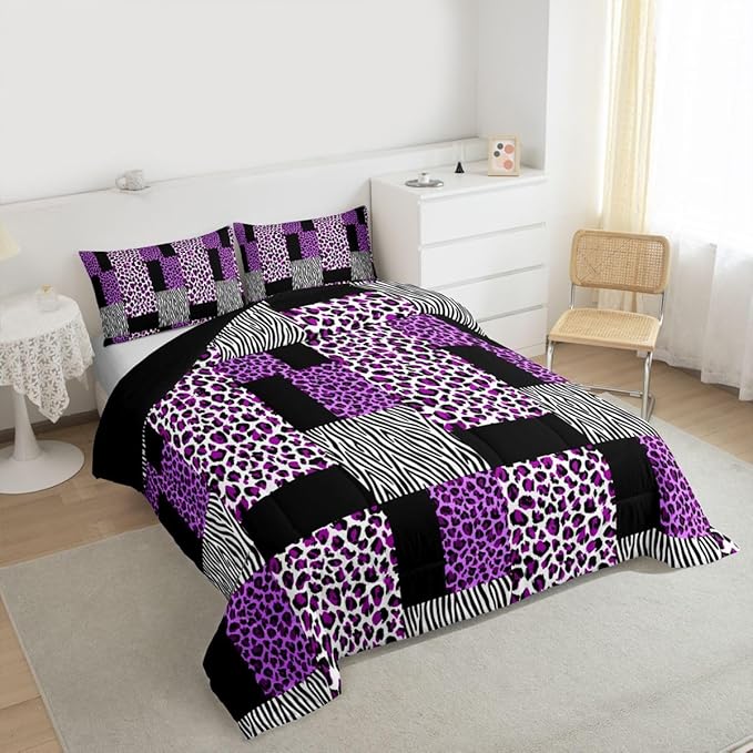 Erosebridal Patchwork Purple Cheetah Print Comforter Set Black White Zebra Bedding Set Queen for Teen Girls Women,Leopard Comforter Wild Animal Bedding Quilt with 2 Pillowcases Home Room Decor
