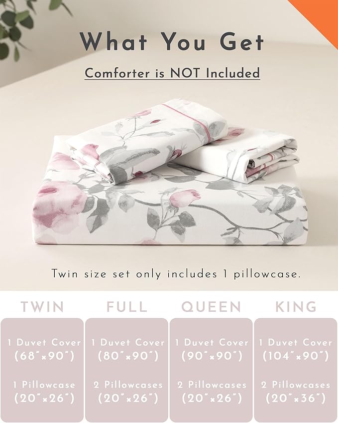 Vintage 100% Cotton Duvet Cover Full Size - Dusty Rose & Soft Gray Foliage on White, Blush French Striped Patchwork Reverse, Neutural Bedding Set 3Pcs with Button Closure (Full,80"×90")