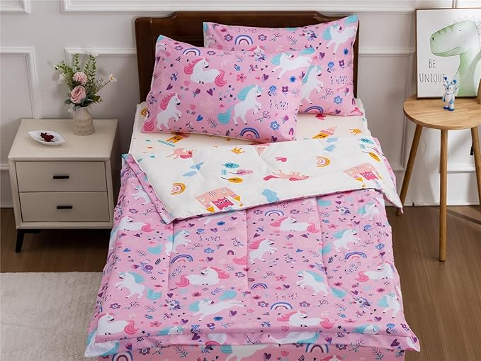NTBED Unicorn Printed Zipper Bedding Sets Twin Lightweight Microfiber Floral Comforter Set with Fitted Sheet Pillow Covers,Pink
