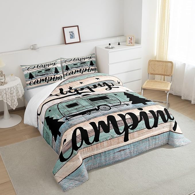 Camper Comforter King Size Happy Camping Bedding for Boys Kids Girls Rustic Farmhouse Style Comforter Set, Camper Accessories for Travel Trailers, Camper Must Haves,Teal Blue Vintage Wooden Quilt Set