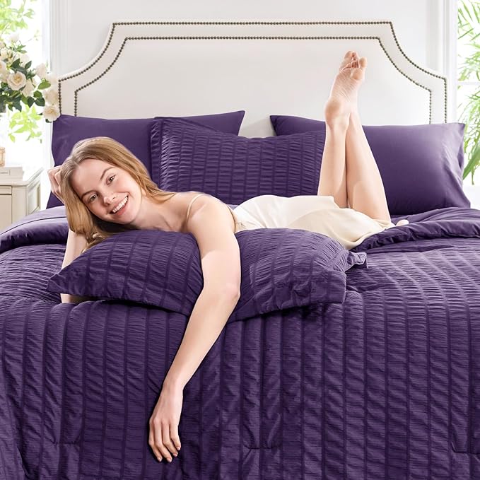 CozyLux Full Size Comforter Sets with Sheets 7 Pieces, Purple Seersucker Bed in a Bag Textured Luxury Soft Bedding Set with Down Alternative Comforter, Sheets, Pillowcases & Shams for All Seasons