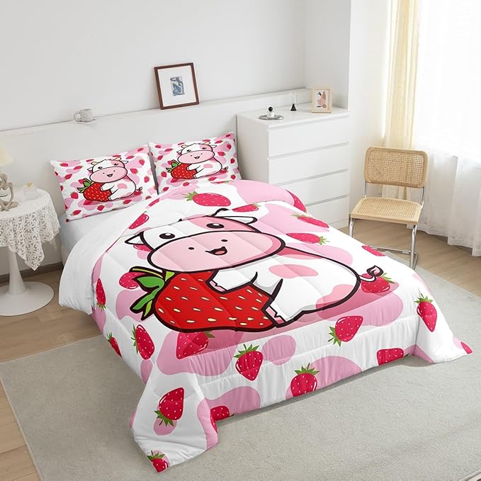 Feelyou Milk Cow Comforter Pink White Cow Strawberry Pattern Comforter Set Bedding Set for Kids Adults Kawaii Girls Milk Cow Duvet Set Ultra Soft Room Decor Full Size Quilt Set
