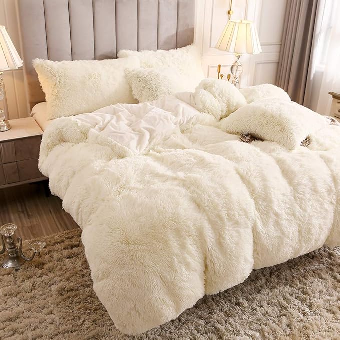 Uhamho Faux Fur Velvet Fluffy Bedding Duvet Cover Set Down Comforter Quilt Cover with Pillow Sham, Ultra Soft Warm (Twin, Cream)