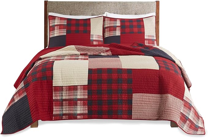 Woolrich Sunset Reversible Quilt Set - Cottage Styling Reversed to Solid Color, All Season Lightweight Coverlet, Cozy Bedding Layer, Matching Shams, Oversized Full/Queen, Plaid Red 3 Piece