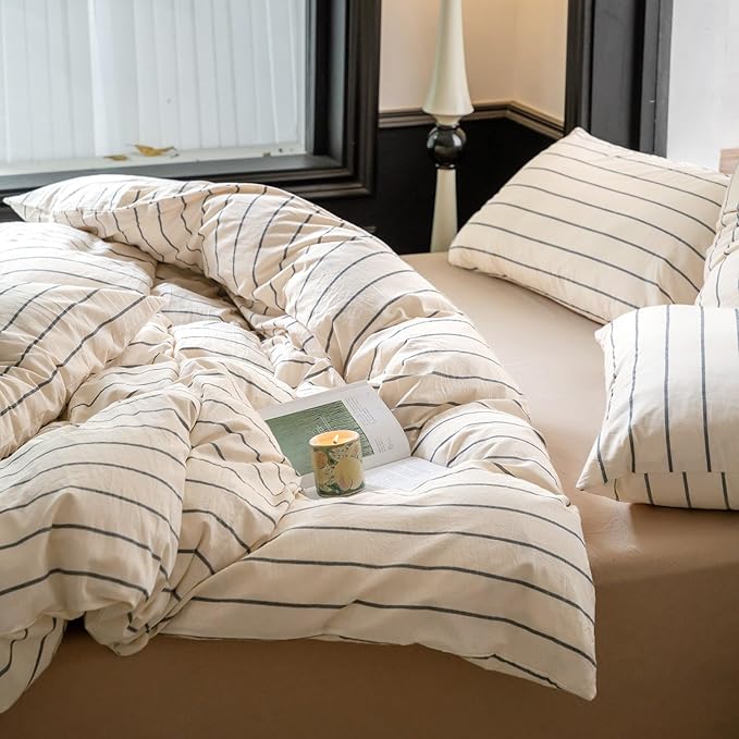 LifeTB Striped Comforter Set King Size Grey Stripes Pattern Printed Comforter 3 Pieces Lightweight Boho Bedding Comforter Set for All Seasons Breathable Soft Fluffy Beige Comforter with 2 Pillowcases
