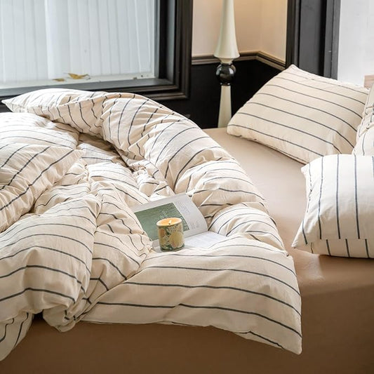 Striped Comforter Set Queen Size Grey Stripes Pattern Printed Comforter 3 Pieces Lightweight Boho Bedding Comforter Set for All Seasons Breathable Soft Fluffy Beige Comforter with 2 Pillowcases