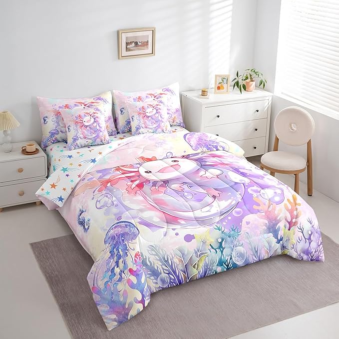 Feelyou Boys Girls Cute Axolotl 7 Pieces Bedding Sets King Size, Ocean Sealife Bed in A Bag for Cartoon Salamander Comforter Set with Sheets Kids Kawaii Teens Bed Set