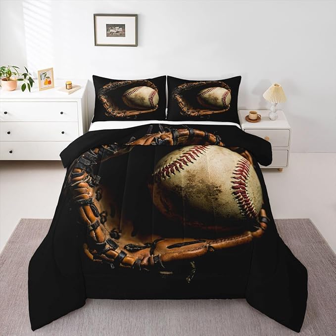 Erosebridal Baseball Comforter Set King Size Sports Game Bedding Baseball Player Duvet Insert for Kids Boys Teens Retro Style Quilt for Room Dorm Decorative, Brown Down Comforter