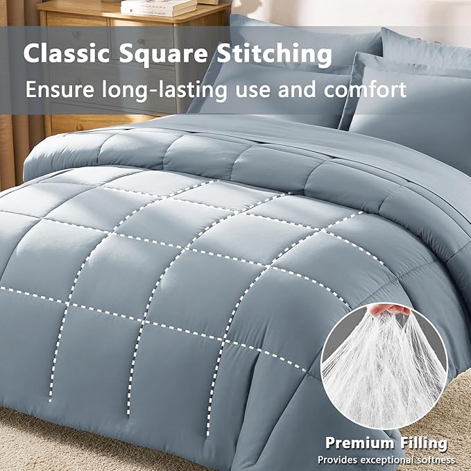 CozyLux King Size Comforter Set Grayish Blue - 7 Pieces Bed in a Bag King, Okeo-Tex Certifited Bedding Set, All Season Soft Bed Set with Down Alternative Comforter, Sheets, Pillowcases & Pillow Shams