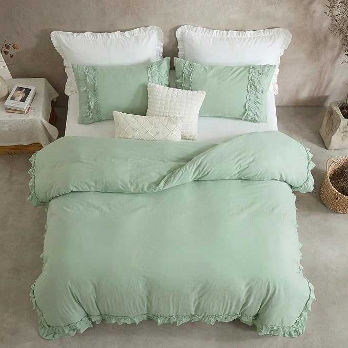 Bedorm Sage Green Ruffled Duvet Cover Twin Size Bedding Set Pleated Lace Ruffle Shabby Chic Bedroom Decor Extra Soft Cozy Farmhouse Country Style Duvet Cover Sets