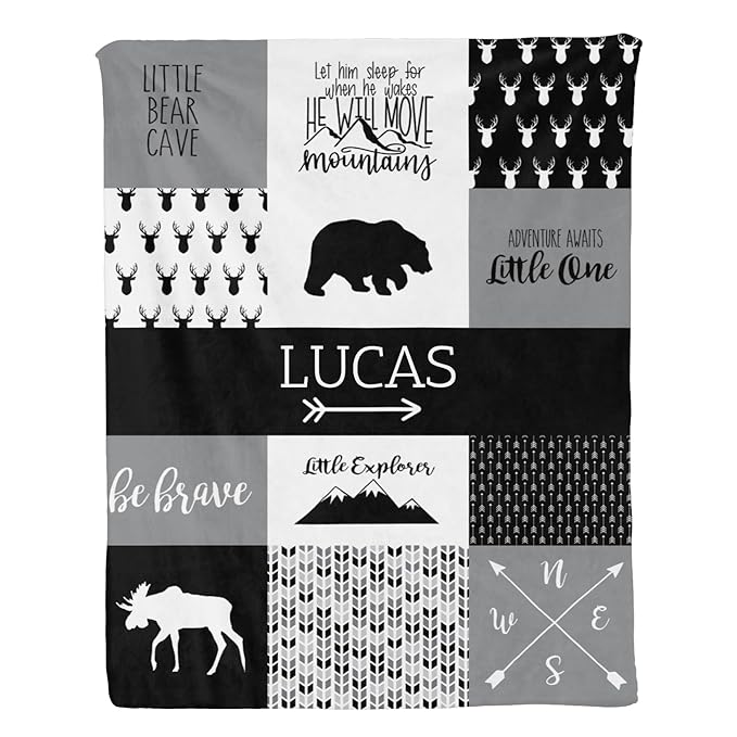 Customzed Baby Blanket for Boys Super Soft Double Layer with Dotted Backing, Receiving Blanket with Cute Woodland Multicolor Printed Blanket Black 40 x 50 Inch