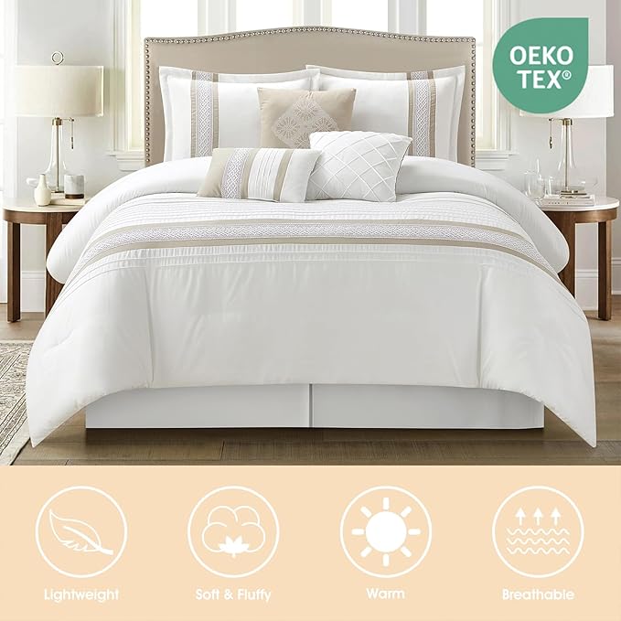 7 Piece Comforter Set, Taupe White, Queen Size, Boho Style Geometric Microfiber Embroidery, Bed in a Bag with Bedskirt, Pillow Shams and Decor Pillows