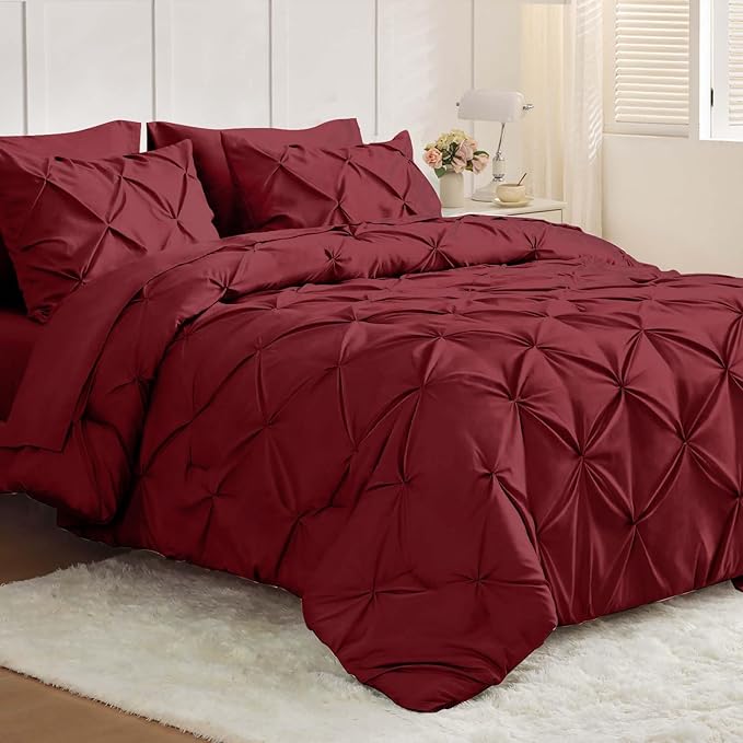 JOLLYVOGUE Full Size Comforter Sets 7 Pieces - Bed in a Bag Full for All Season, Pintuck Bedding Comforter Sets with Comforter, Flat Sheet, Fitted Sheet and Pillowcases & Shams, Burgundy