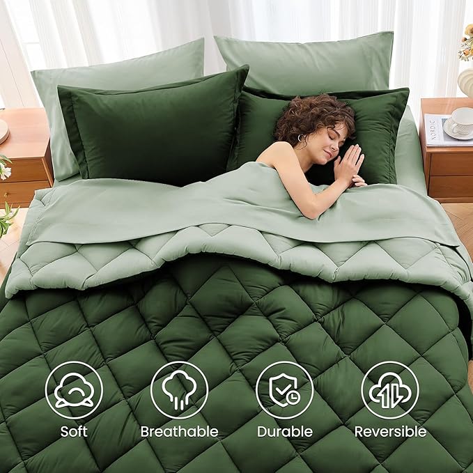 MUXHOMO 7 Pieces Oversized Queen Comforter Set, Reversible Bed in a Bag Oversized Queen Size, All Season Bedding Set, Flat Sheet, Fitted Sheet, Pillowcases & Shams, Dark Green & Light Green