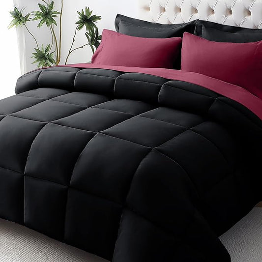 JOLLYVOGUE California King Comforter Set, Ultra-Soft Bed in a Bag Cal King Size 7 Pieces, Oeko-TEX Certified Bedding Set with Down Alternative Comforter, Sheets, Pillowcases & Shams, Burgundy & Black