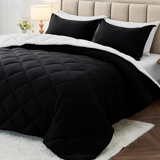 MUXHOMO 7 Pieces Full Comforter Set, Reversible Bed in a Bag Full Size, All Season Bedding Set with Comforter, Flat Sheet, Fitted Sheet, Pillowcases & Shams, Black & White