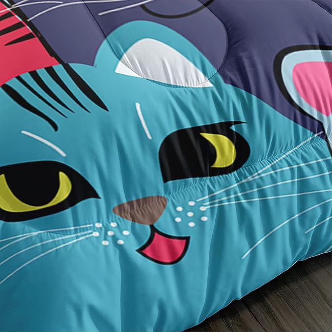 Axolotl Cartoon Cat Comforter Set Kids Bedding Queen Size,Cute Colorful Cat Bedding Set for Kids Boys Girls Adults Teens Room Decor,Kids Comforter Set All Season,1 Comforter 2 Pillow Cases