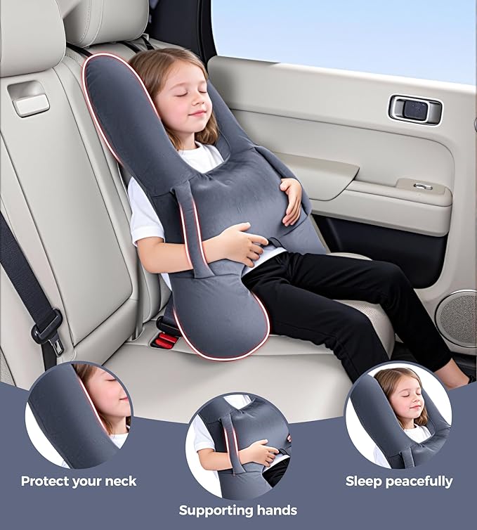 BEBAS U-Shaped Kids Travel Pillow for Car Travel Accessories for Children Adults - Soft Breathable Supports Neck Head for Sleeping - Adjustable Strap for Airplane Long Road Trip (Grey, H-Shape)