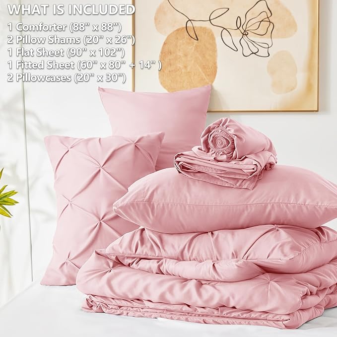 Queen Comforter Set Pink, 7 Pieces Pintuck Bed in A Bag Queen Size Bedding, Soft Bed Set All Season Pinch Pleat Comforter Set with Sheets, Pillowcases & Shams