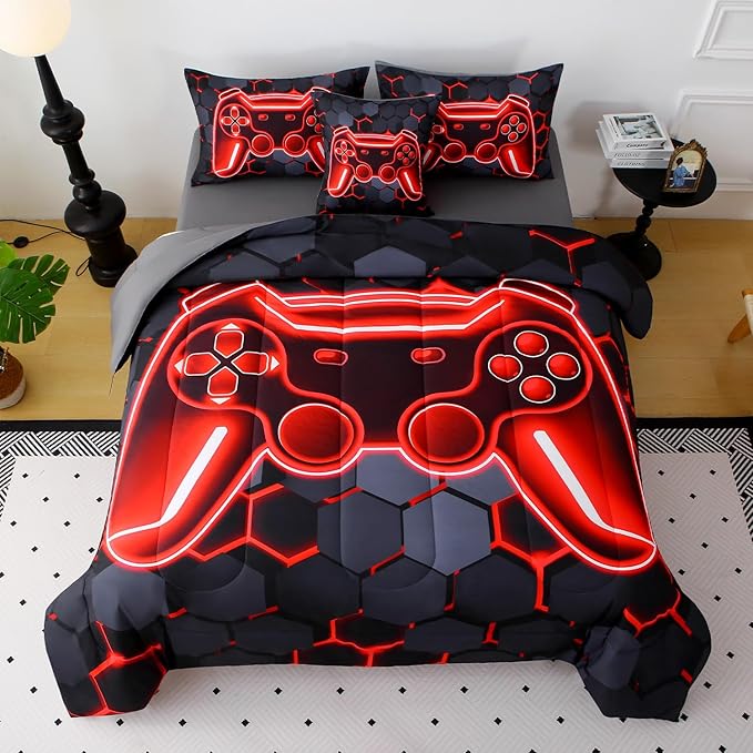 JQinHome Twin Size Gaming Bedding Set 6-Piece Comforter for Boys Teens - 3D Video Game Print Bed in a Bag with Sheets, Red Cool Black Design (Twin)