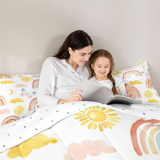 Rainbow Comforter Set Full Size, Girls Butterfly Bedding Sets, Cartoon Rainbow Quilt Sets, Colorful Sun Clouds Comforters, Iridescent Print Down Comforter, Geometric Stripes Soft Lightweight Bedding