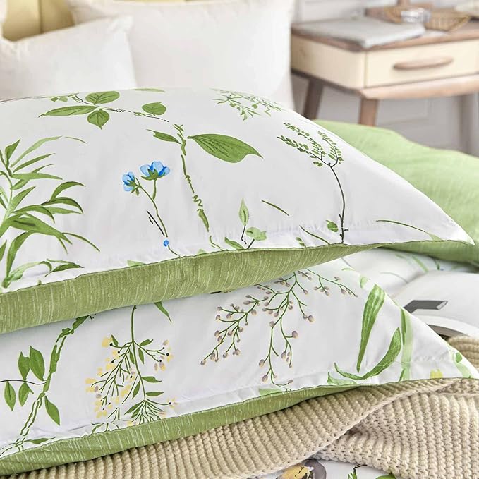 Nanko Queen Size Duvet Cover Set, Green Floral/Flower Leaf Bird Print Pattern, 3pc 90x90 Microfiber Comforter Quilt Bedding Cover with Zip Ties - Spring Modern Farmhouse for Men and Women Teen Girl