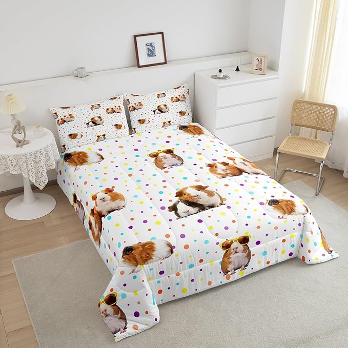 Feelyou Guinea Pig Bedding Set for Girls Boys Children Cute Cavy Pattern Comforter Decorative Cartoon Lovely Pet Animal Comforter Set Toddler Size Colorful Polka Dots Duvet Set 2Pcs Sets