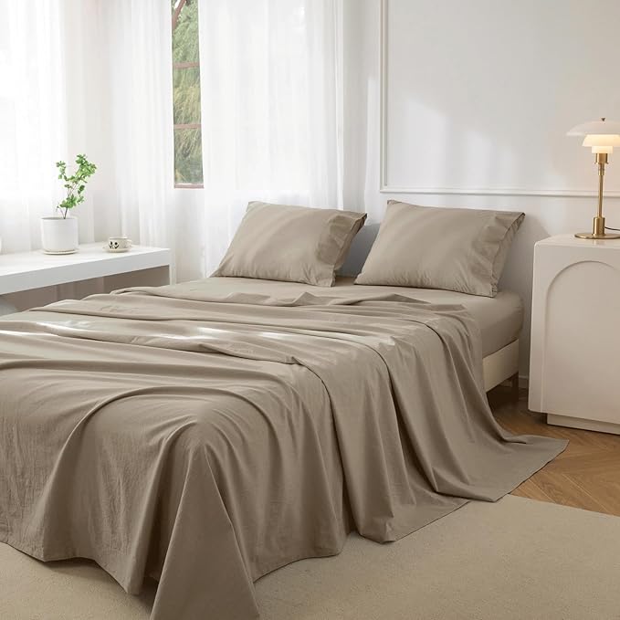 JIYUAN 100% Washed Cotton Sheet Set 4 Pieces Cal King,1 Fitted Sheet,1 Flat Sheet and 2 Pillowcases,Comfy and Breathable Linen Like Bedding Set,Khaki