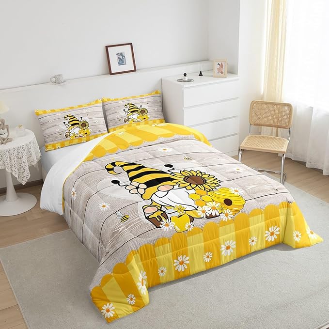 Erosebridal Bee Gnome Comforter Set King, Sunflower Daisy Floral Bedding Set for Kids Boys Girls, Honeycomb Honey Can Duvet Set Home Room Decor, Yellow Farm Cartoon Soft Down Comforter 3 Pcs