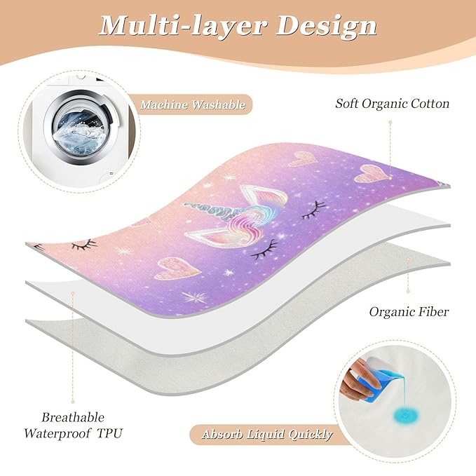 Waterproof Bed Pad Reusable Changing Pad Toddler Mattress Protector Large Pee Pad Baby Diaper Pad Soft Washable Liner Rainbow Gradient Shiny Unicorn Horn Lashes Hearts