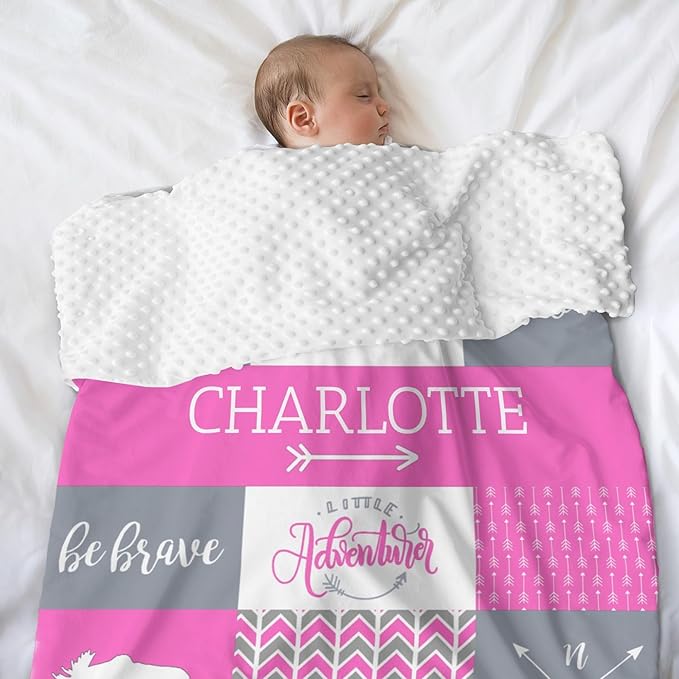 Personalized Baby Blanket for Girls, 35x45 Inches Soft Double Layer Baby Blankets with Dotted Backing, Receiving Blanket Bed Throws for Newborn, Infant, Babies, Bear, Light Pink