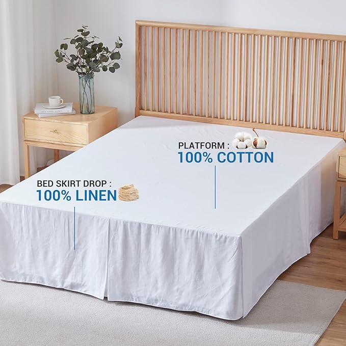 Simple&Opulence Belgian Linen Bed Skirt with Classic 22 inch Tailored Drop Dust Ruffle, Easy Fit Breathable Premium Natural Flax - Basic White, Queen