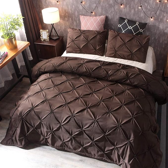 feelyou Pinch Pleated Duvet Cover Full Size for Teens Adults Pintuck Bedding Set Ultra Soft Pintuck Tufted Comforter Cover with 2 Pillow Shams Gorgeous Microfiber Quilt Cover Solid Coffee Zipper 3 Pcs