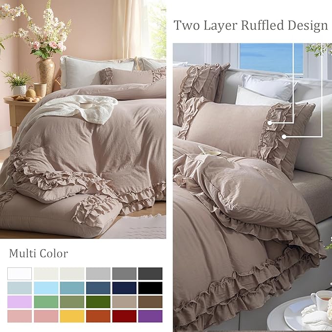Bedorm Taupe Duvet Cover Set Queen Ruffle Bedding Set Pleat Ruffled Shabby Chic Comforter Cover Extra Soft & Easy Care Boho Duvet Cover with Zipper Closure